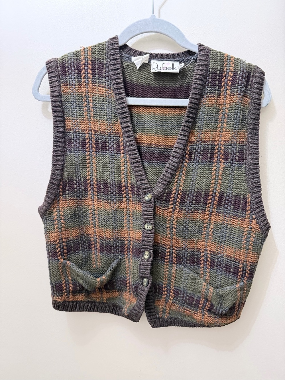 Vintage Knit Cardigan Sweater Vest Plaid Striped Fall Earth Tones Cottage M